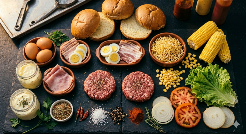 A table showcasing latin food ingredients, specifically a Brazilian burger