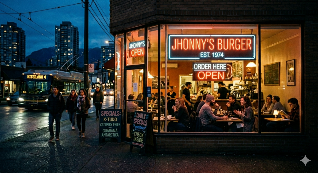 cozy burger spot in Vancouver at night with neon lights and people dining inside