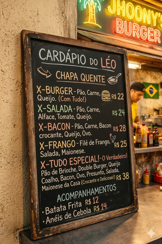 Burger menu in a Brazilian style showing some burger options