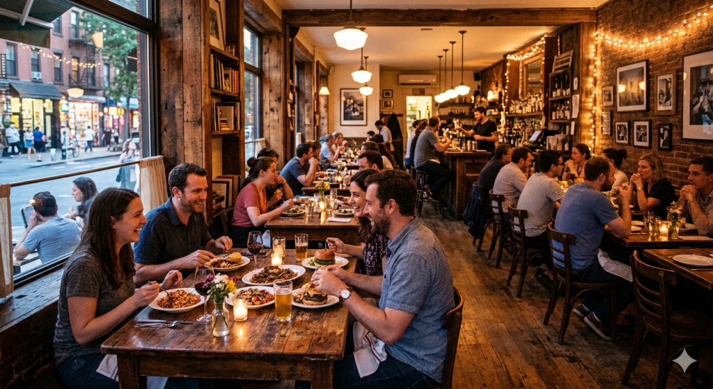 casual interior, wooden tables, early evening, people eating the best burger in Vancouver. Lived-in neighbourhood energy.