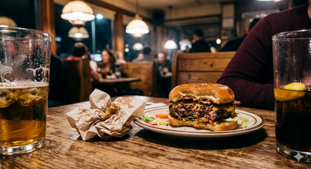A half eaten burger in a comfort environment